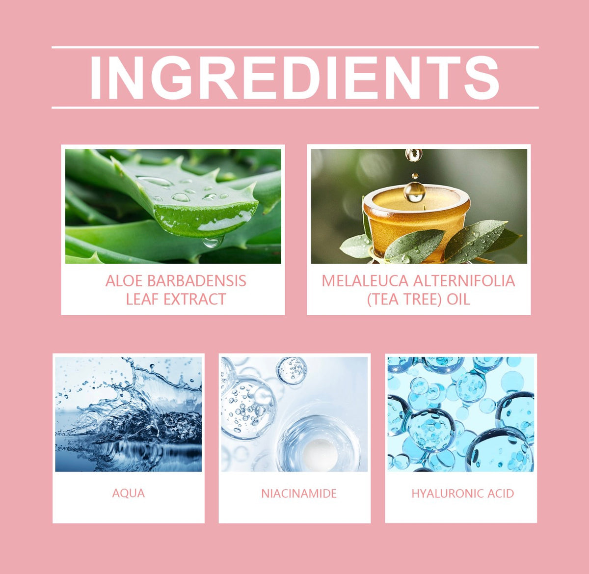 Ingredients — aloe barbadensis leaf extract, tea tree oil, aqua, niacinamide, hyaluronic acid