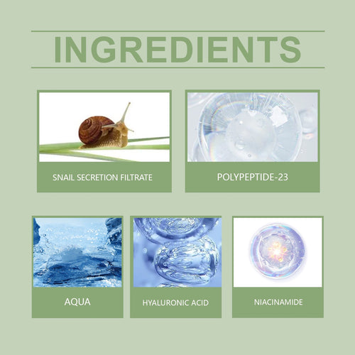 Ingredients — snail secretion filtrate, polypeptide-23, aqua, hyaluronic acid, niacinamide